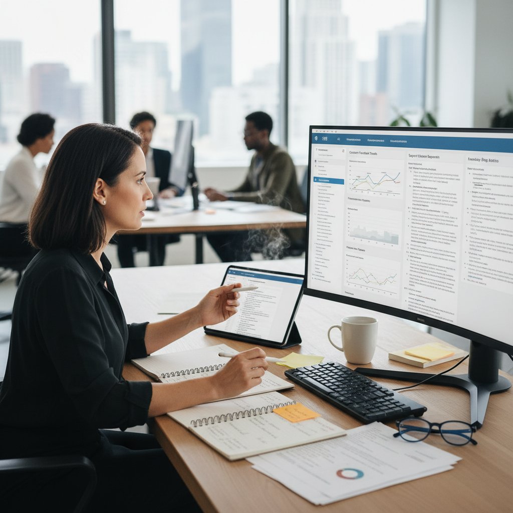 Product manager reviewing support documentation feedback results with team