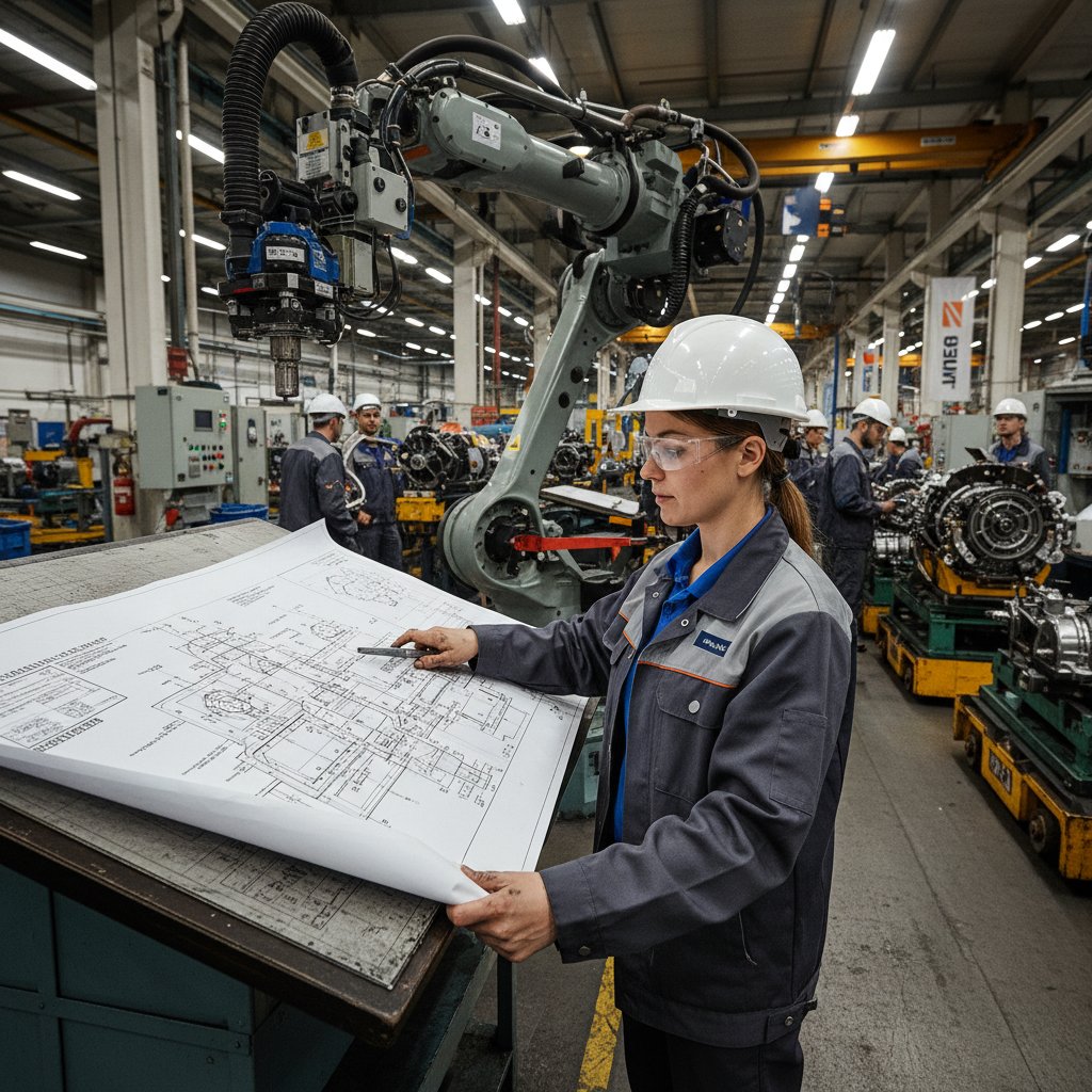 Inżynier produkcji pracujący z niemieckimi rysunkami technicznymi na hali