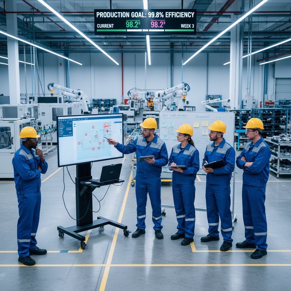 Pracownicy na hali produkcyjnej analizują dane z systemu monitorującego błędy