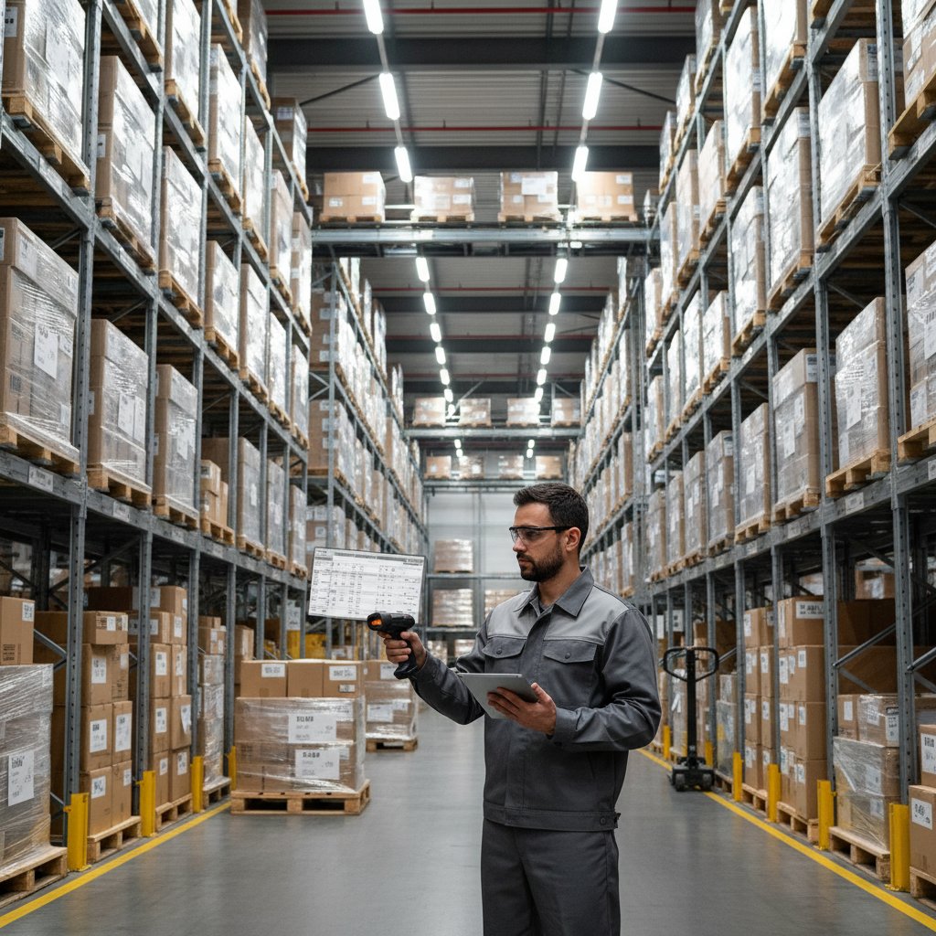 Pracownik produkcyjny kontroluje zapasy na regale w magazynie