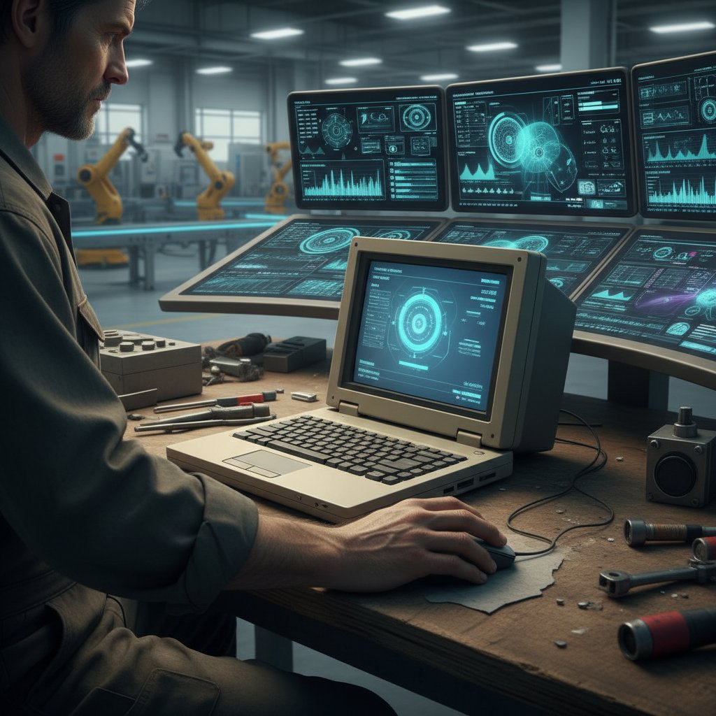 Pracownik produkcji analizujący dane na starym laptopie vs. nowoczesny dashboard w tle