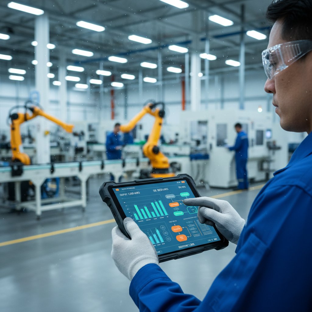 Pracownik produkcji analizujący dane na tablecie na tle hali produkcyjnej