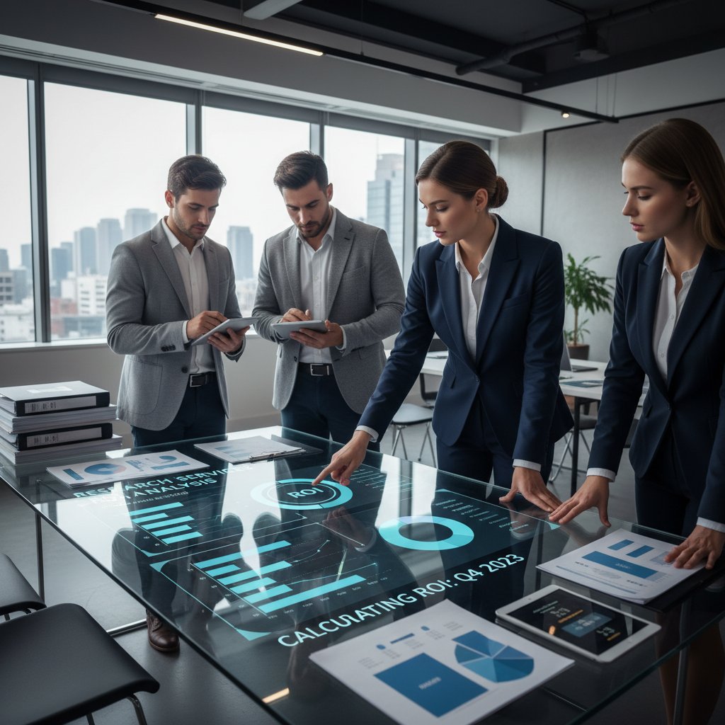 Professional calculating ROI from research services, analyzing graphs with reports in a modern office