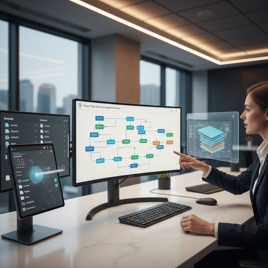 Photo showing a professional reviewing digital files on multiple screens in a sleek office, symbolizing an optimized document workflow