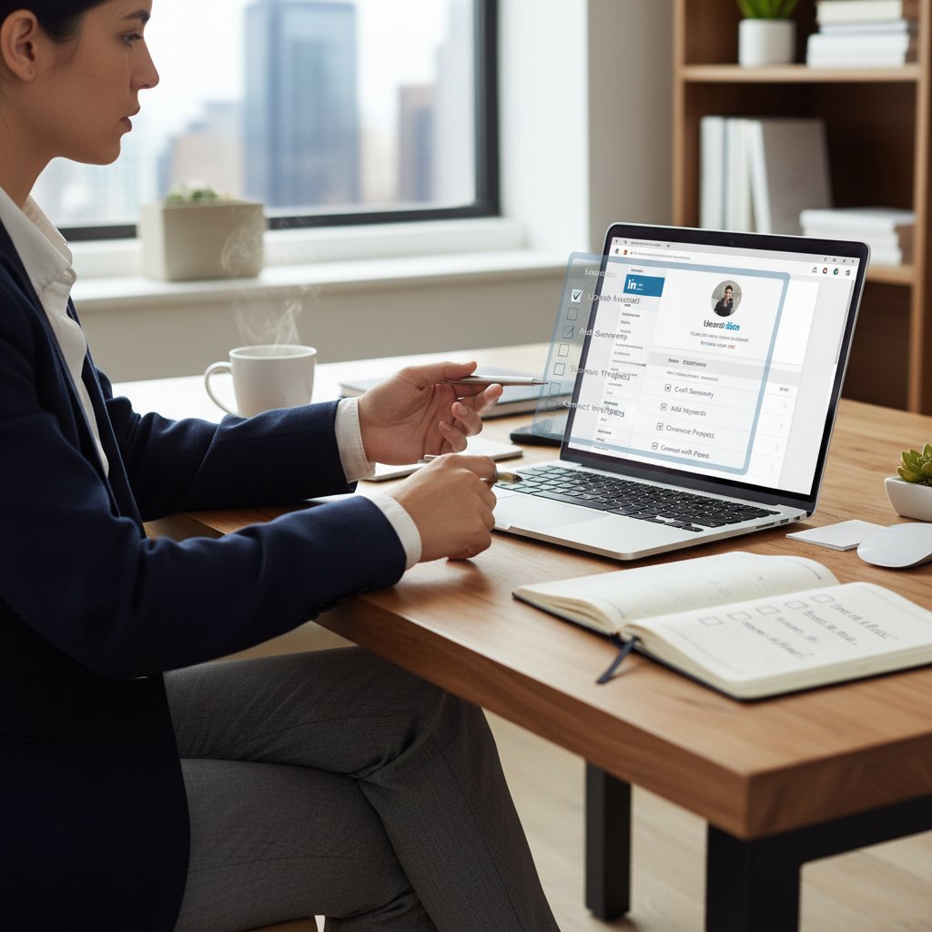 Proces poprawy profilu LinkedIn, profesjonalista przy biurku z laptopem, lista kontrolna, skupienie