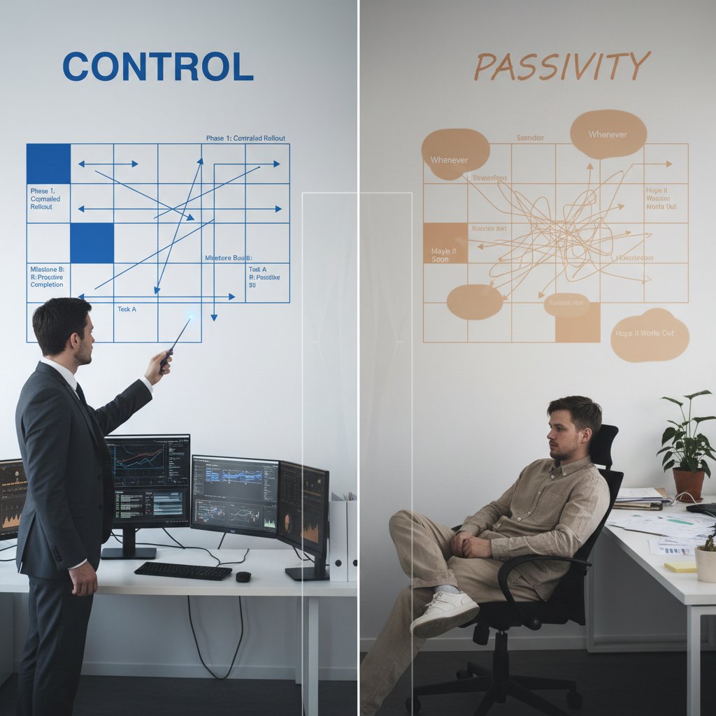A professional standing in front of a large projected calendar, some slots in bold and others faded, highlighting control versus passivity over scheduling