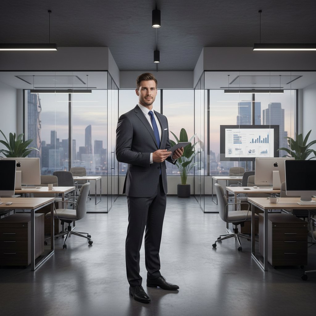 Osoba w eleganckim garniturze na tle nowoczesnego biura, symbolizująca profesjonalizm i indywidualny styl w pracy