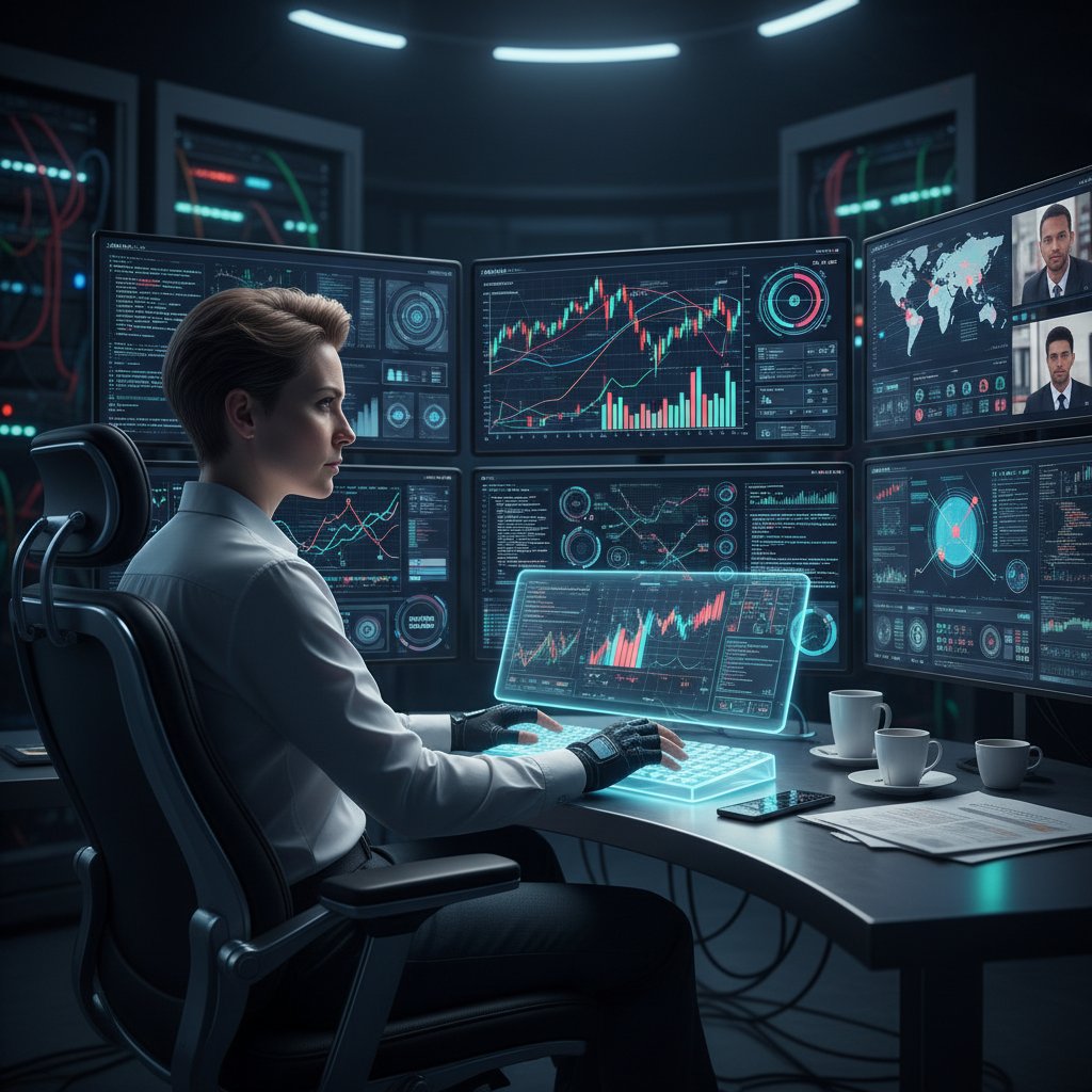 Zdjęcie profesjonalisty analizującego dane na kilku ekranach – symbol branż wymagających szybkiego uczenia się