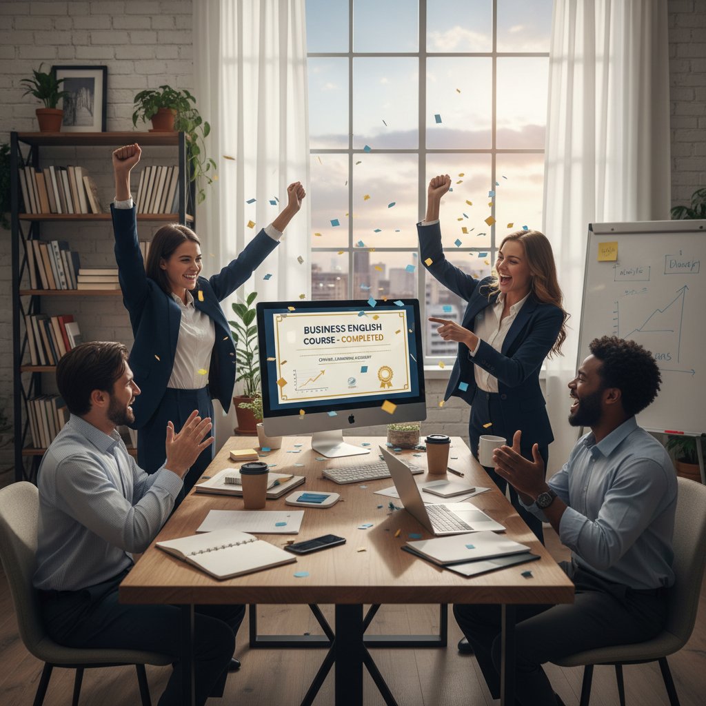 Awansujący profesjonalista świętuje sukces po ukończeniu kursu angielskiego biznesowego online