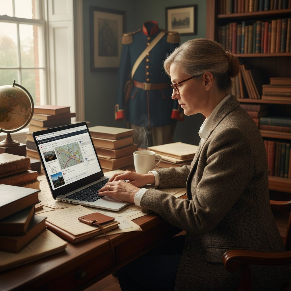 Ekspert analizuje dokumenty historyczne na ekranie laptopa, poszukując wiarygodnych źródeł online