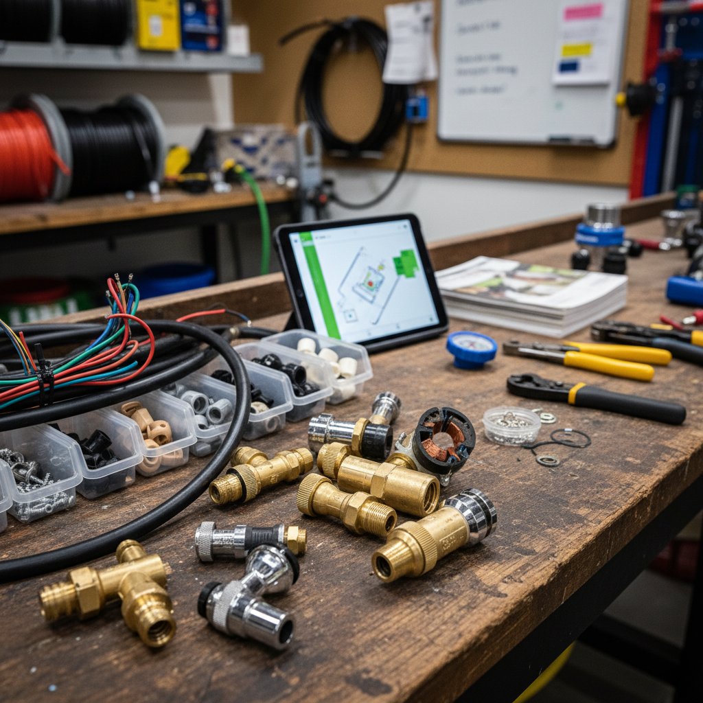 Zbliżenie na zaawansowane komponenty systemu nawadniania na stole warsztatowym