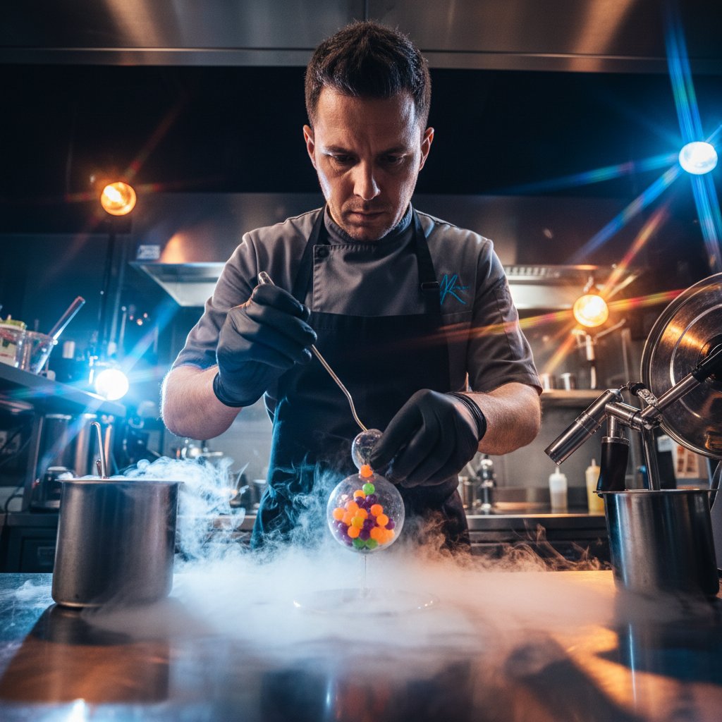 Nowoczesna kuchnia, młody kucharz eksperymentujący z zaawansowanymi technikami gotowania, para i dynamiczne światło, słowa kluczowe: nauka nowych technik kulinarnych, nowoczesne gotowanie
