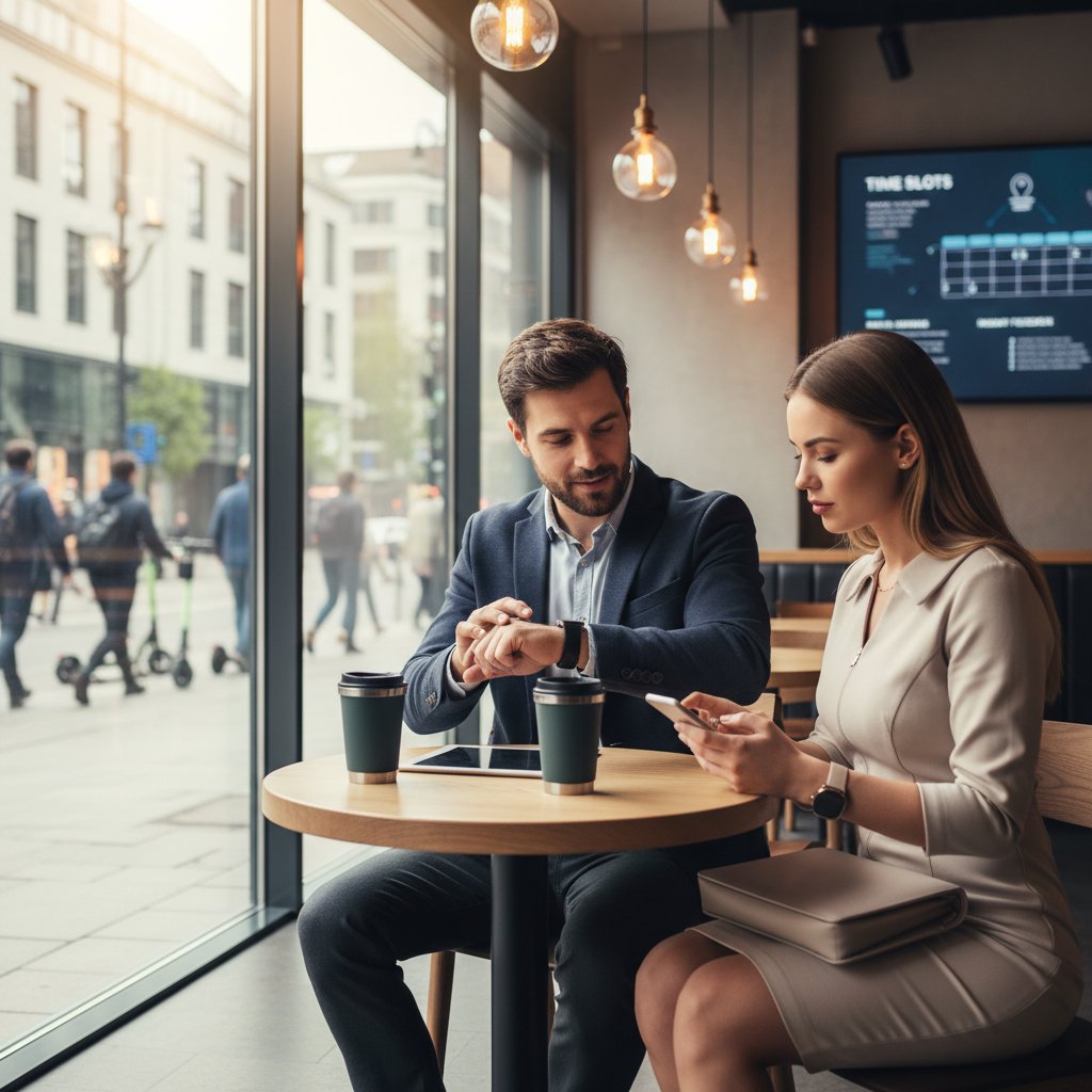 Professional man and woman meeting for a coffee date, urban background, efficient dating