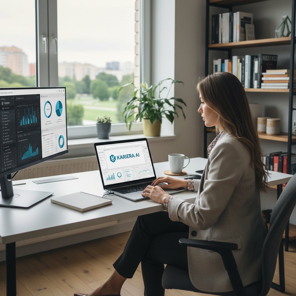 Profesjonalny marketer korzysta z laptopa, na ekranie narzędzie kariera.ai, spokojna domowa atmosfera, analiza danych