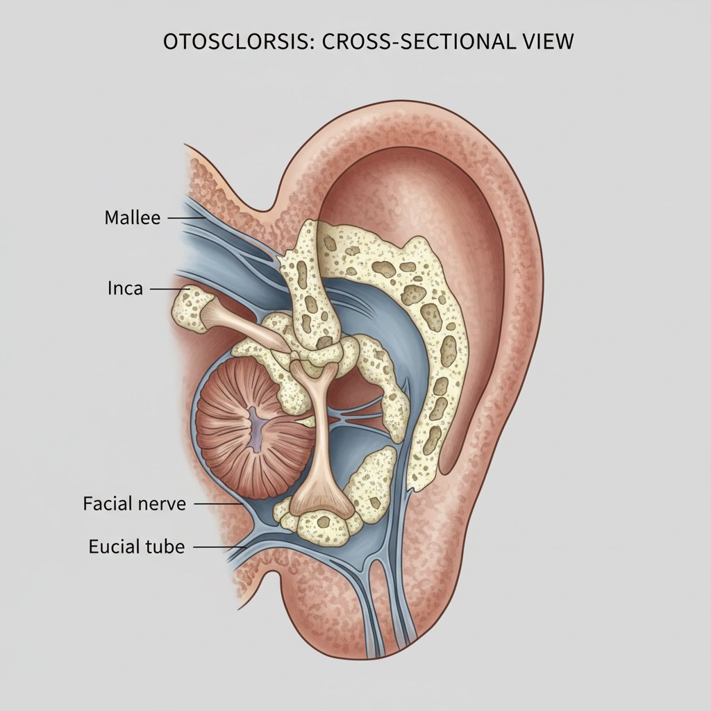 Przekrój ucha z zaznaczoną otosklerozą – obraz medyczny