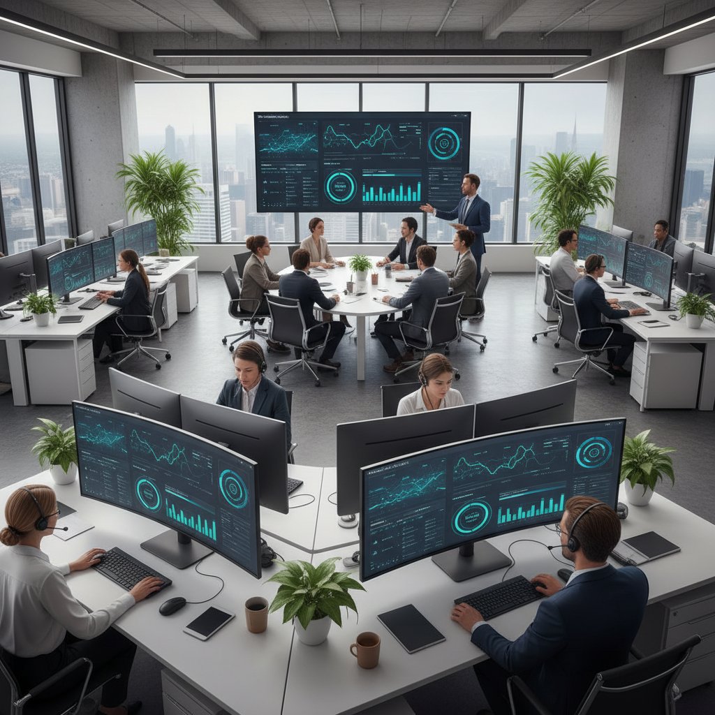 Professional office setting with support staff consulting AI dashboard, blending human and bot collaboration