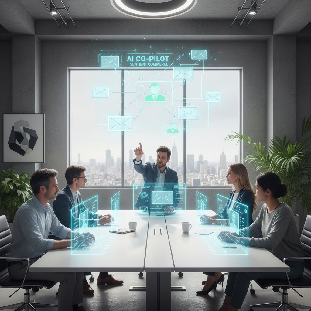 Professional team interacting naturally with an AI teammate inside an email workspace