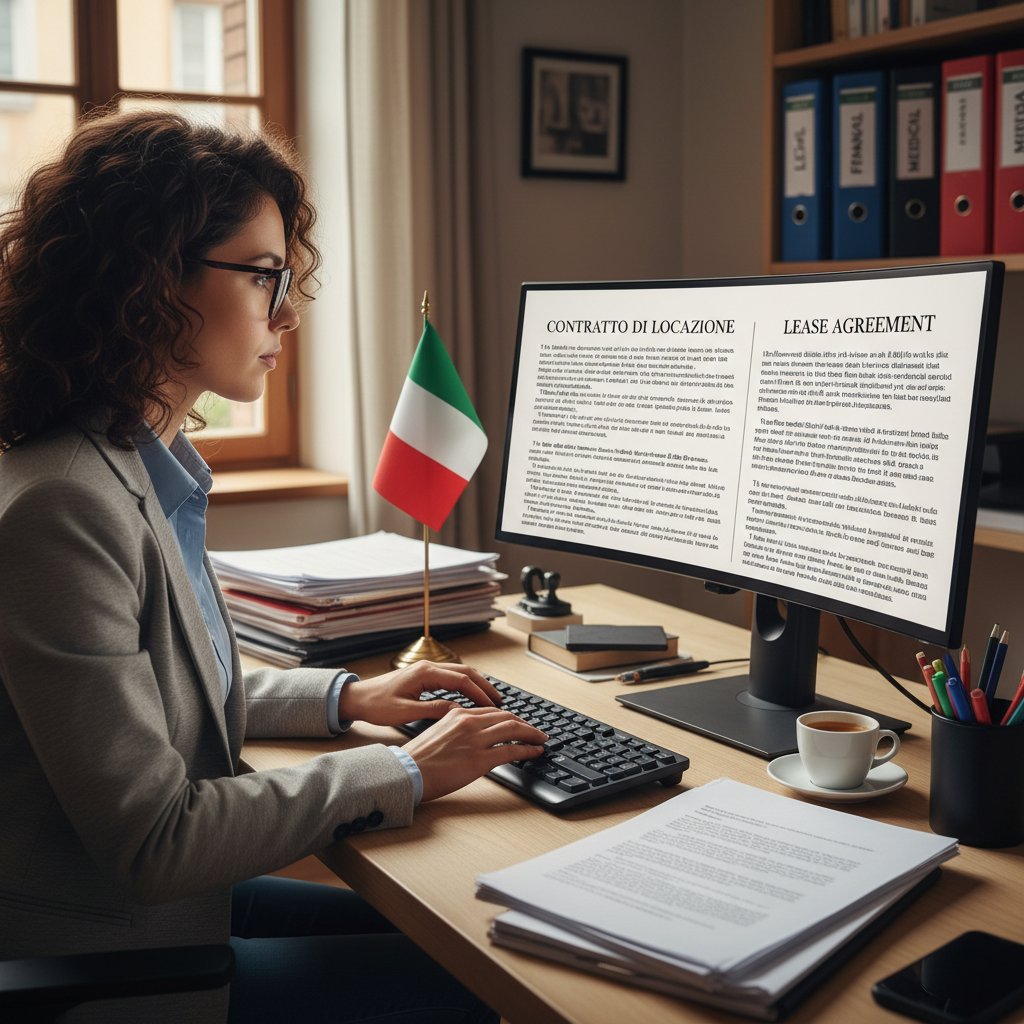 Profesjonalna tłumaczka przysięgła włoskiego przy pracy, dokumenty, komputer, włoska flaga