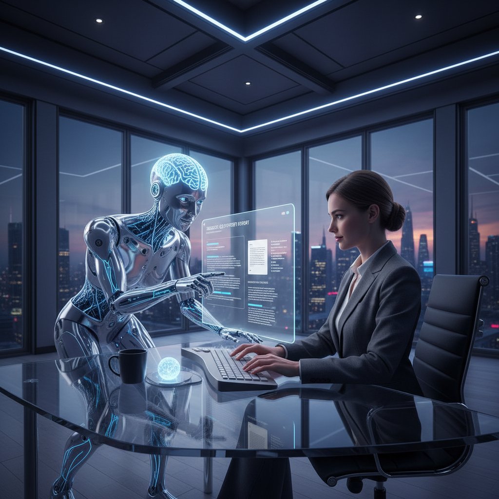 Photo of professional using AI-powered email assistant on laptop in sleek office, highlighting ease and intelligence of new tools