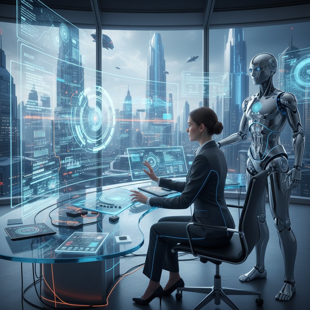 Professional and AI assistant collaborating at a high-tech workstation, representing digital system coordination