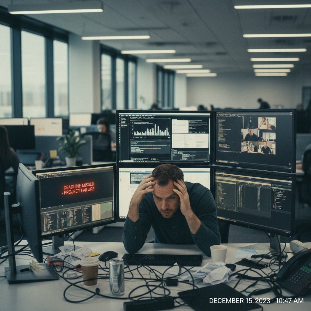 Profesjonalne biuro z wieloma ekranami i zestresowanym pracownikiem, styl dokumentalny