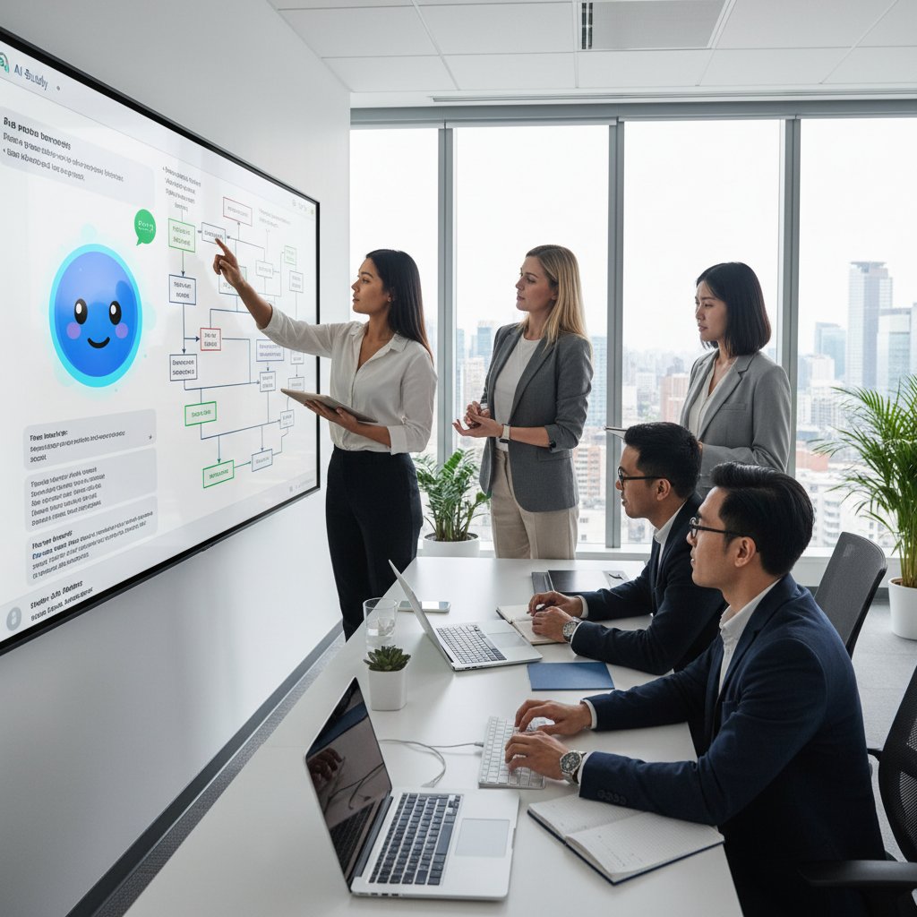 Professionals collaborating with AI chatbot in modern office during team meeting