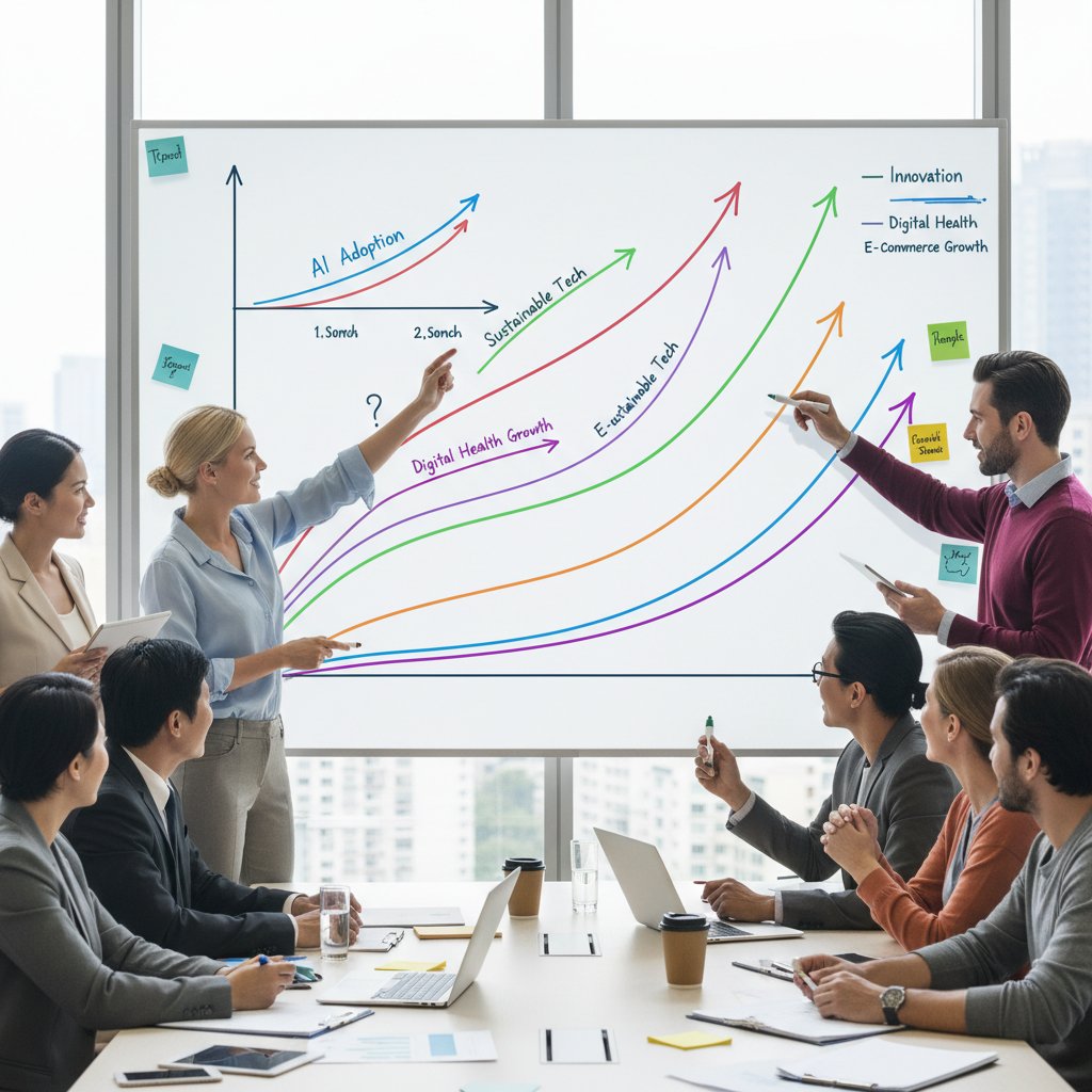 Profesjonaliści z różnych branż analizują trendy na tablicy – energia i współpraca w cross-branżowym podejściu do tendencji formujących