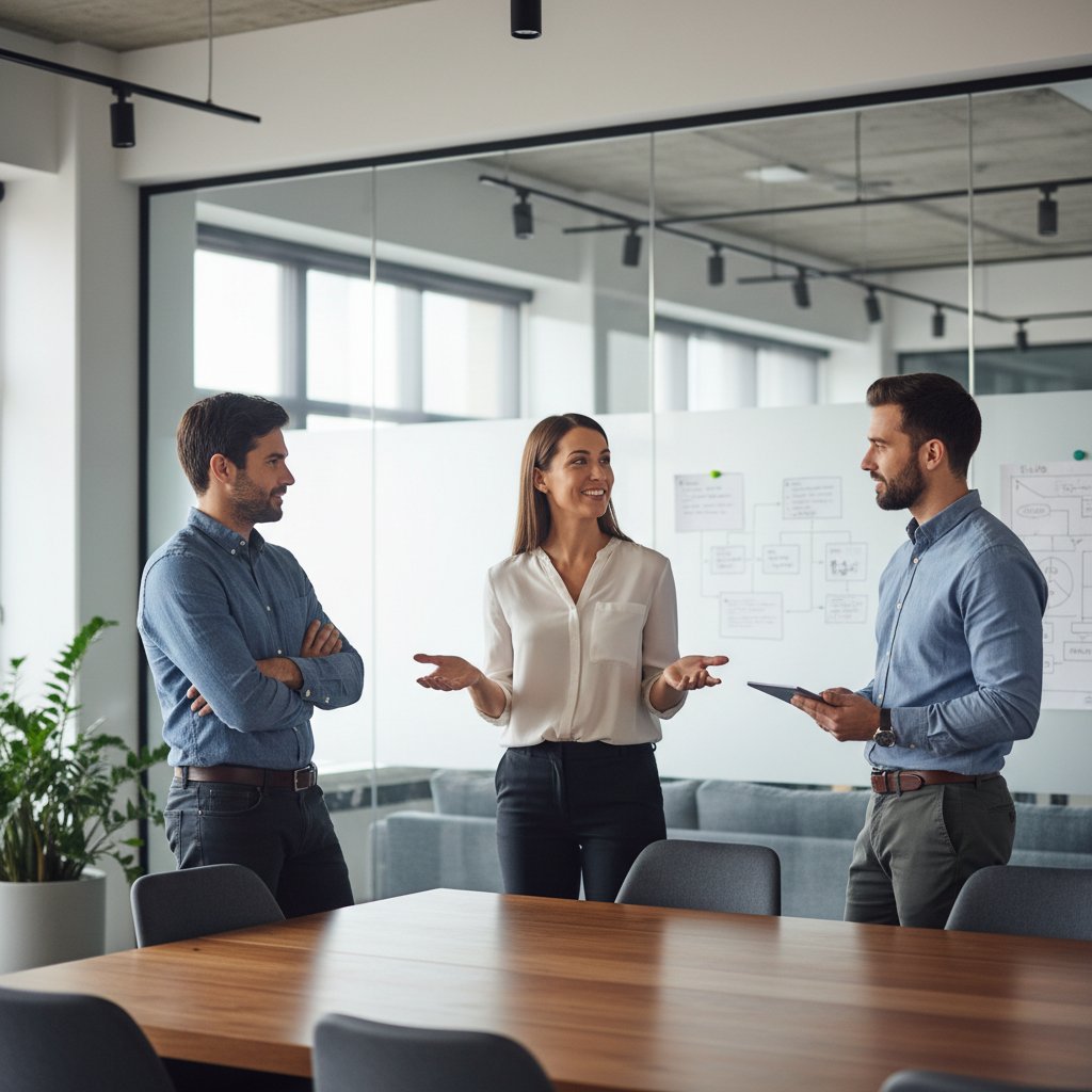 Dwoje profesjonalistów rozmawiających w nowoczesnym biurze, skupienie na zaufaniu i komunikacji