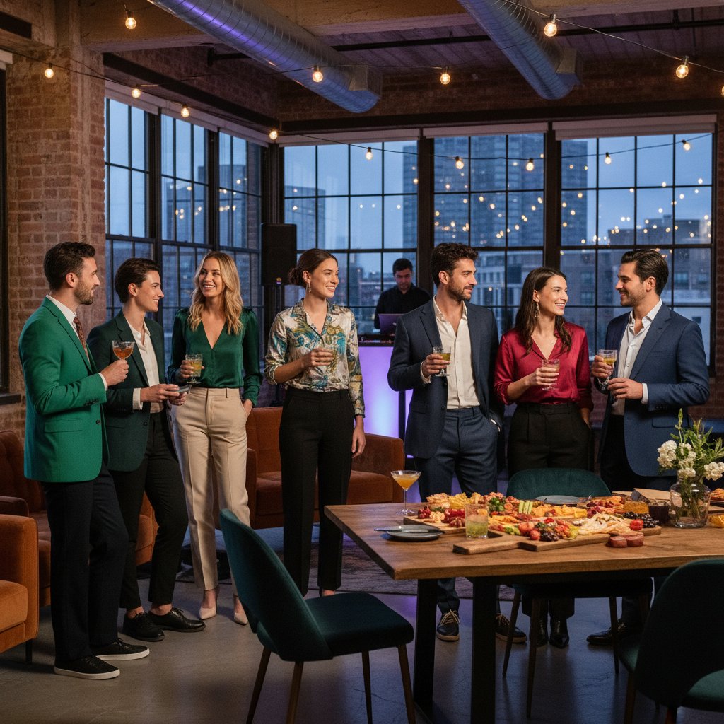 Stylowa grupa profesjonalistów w nowoczesnych outfitach podczas imprezy firmowej w polskim biurowcu, trendy 2025