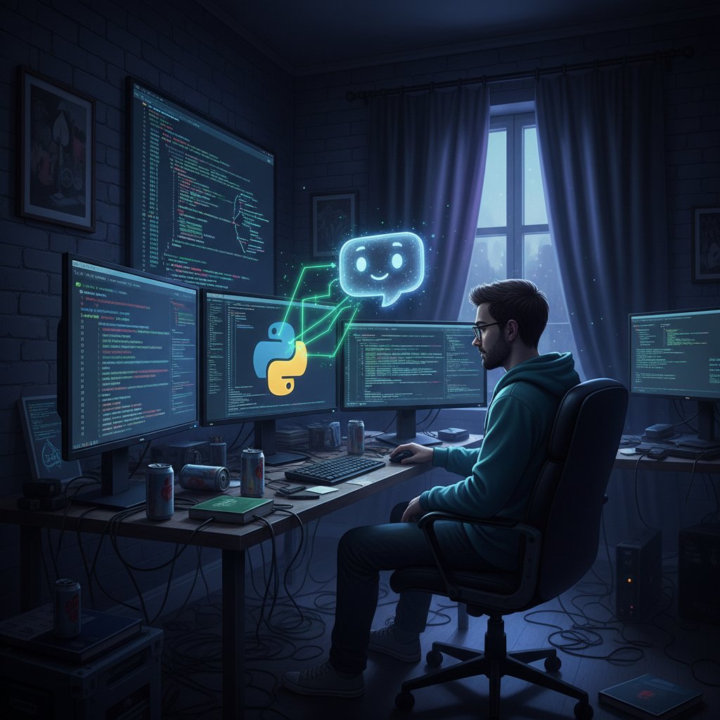 Programista konsultujący się z chatbotem AI w ciemnym pokoju, ekran z fragmentami kodu Python