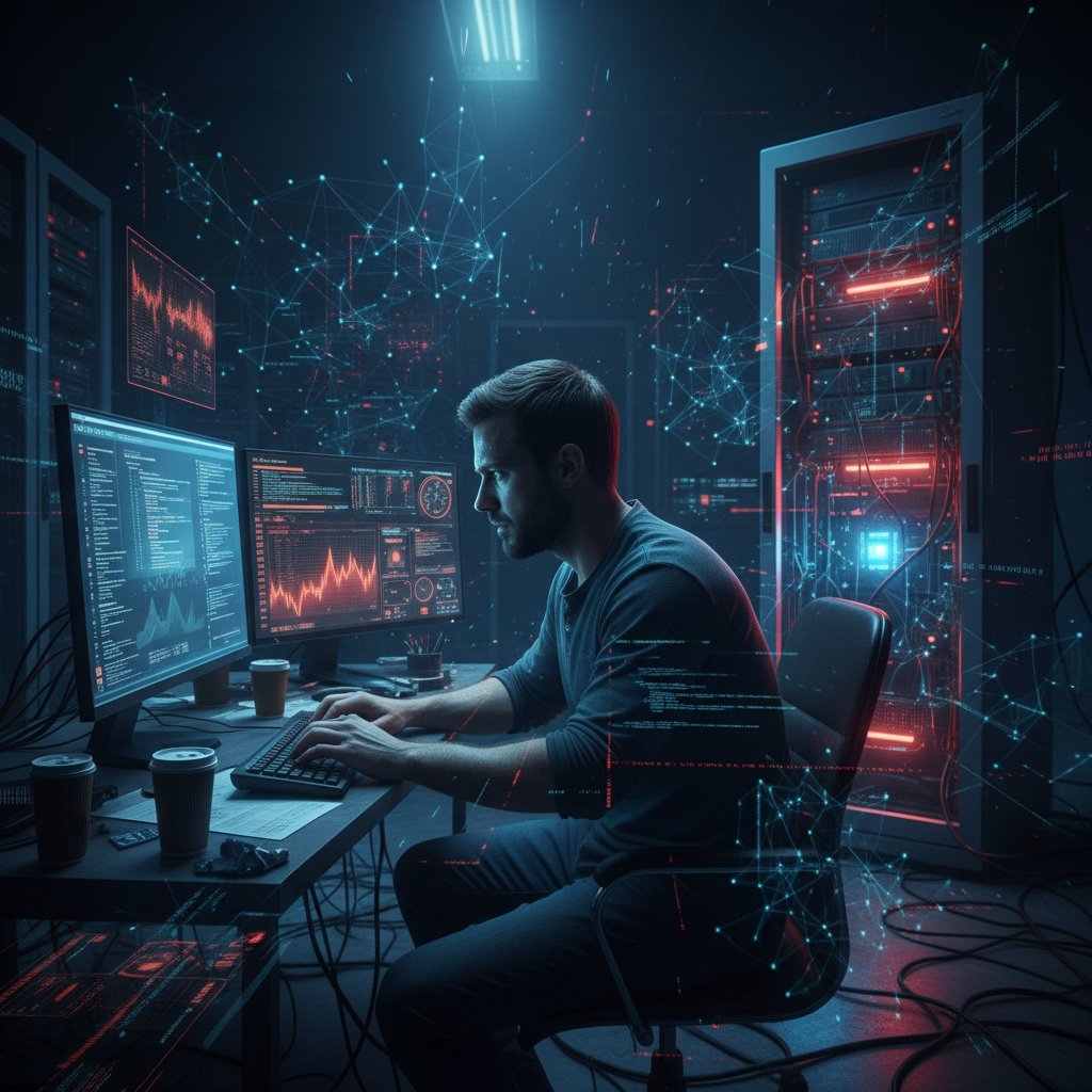 Zdjęcie programisty i AI analizującego dane na ekranie, atmosfera napięcia – AI jako narzędzie i zagrożenie