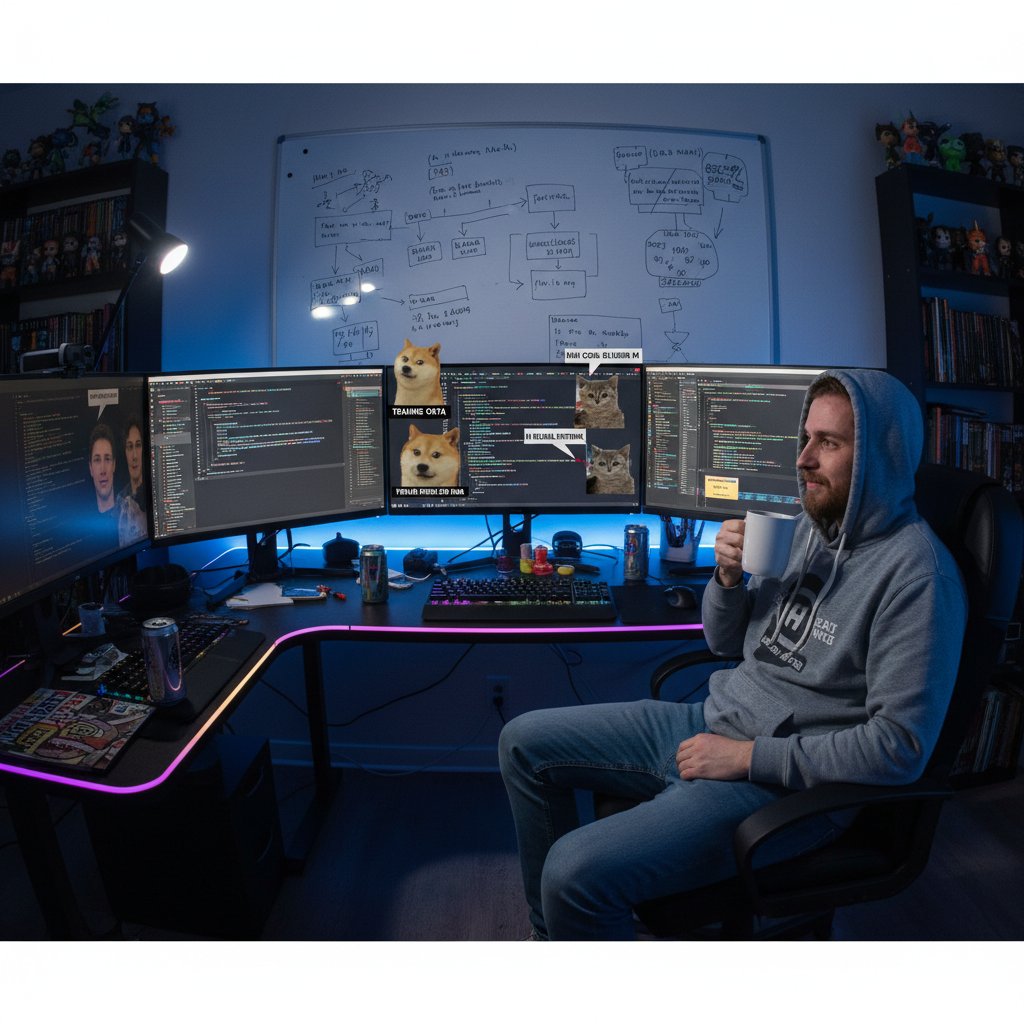 Programista i AI pracujący wspólnie nad memami