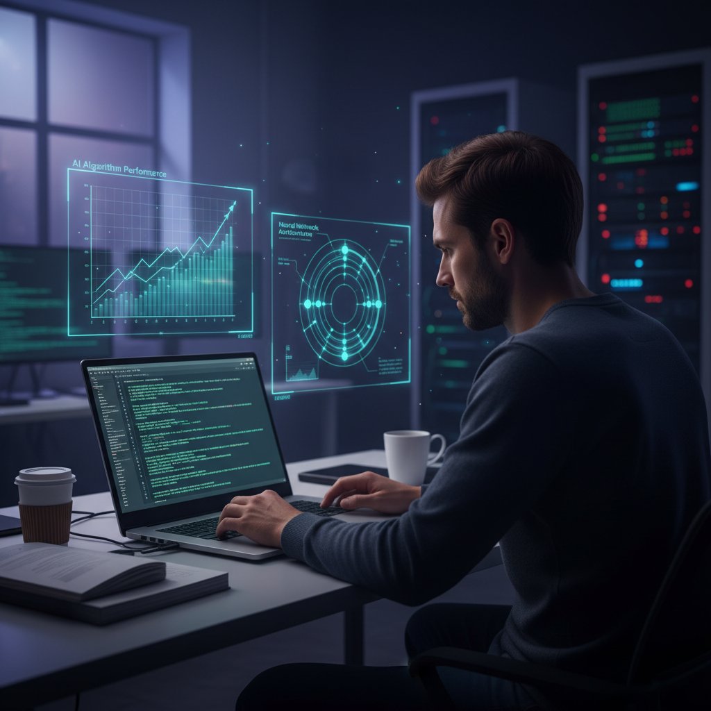 Programista pracujący nad algorytmem AI na laptopie, ekran z kodem i wykresami