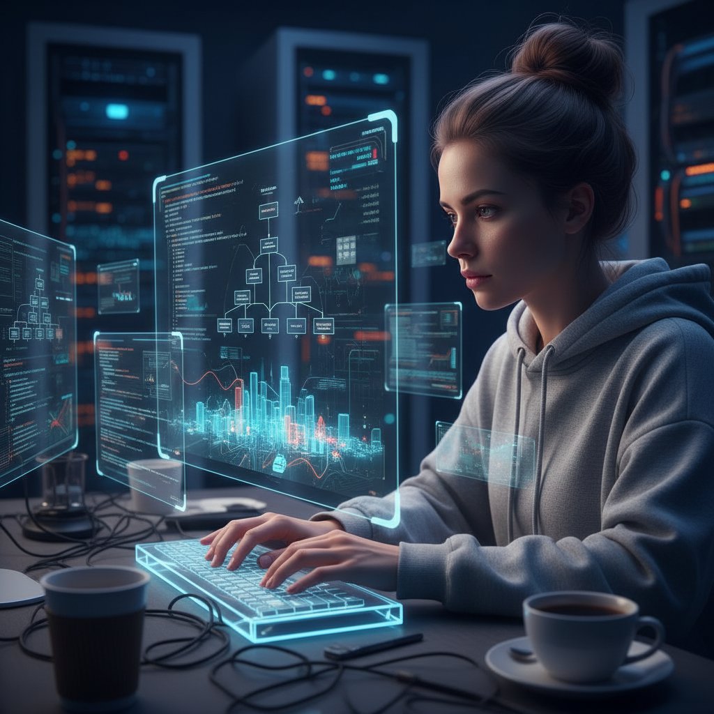 Programista analizujący algorytmy AI w symulatorze decyzji strategicznych, ekran z kodem i wykresami