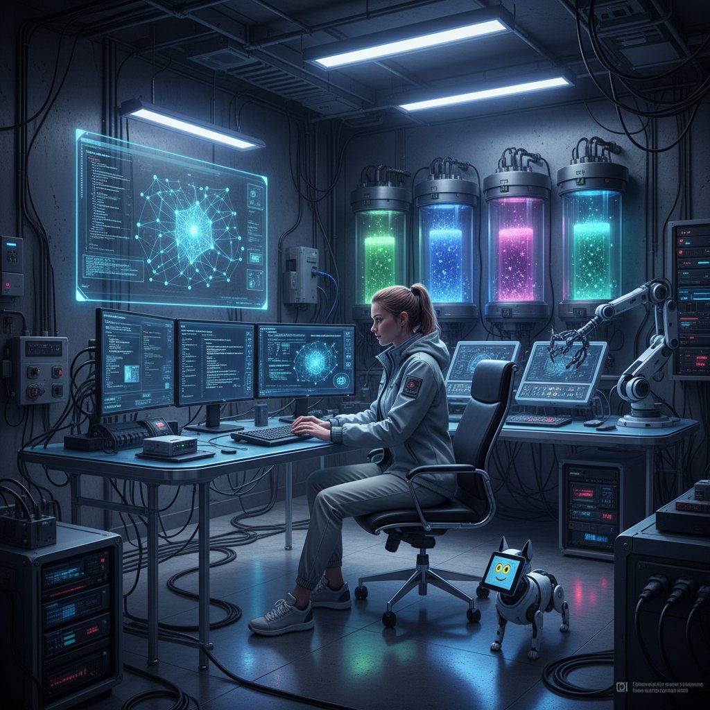 Programista pracujący nad algorytmami AI w nowoczesnym laboratorium technologicznym