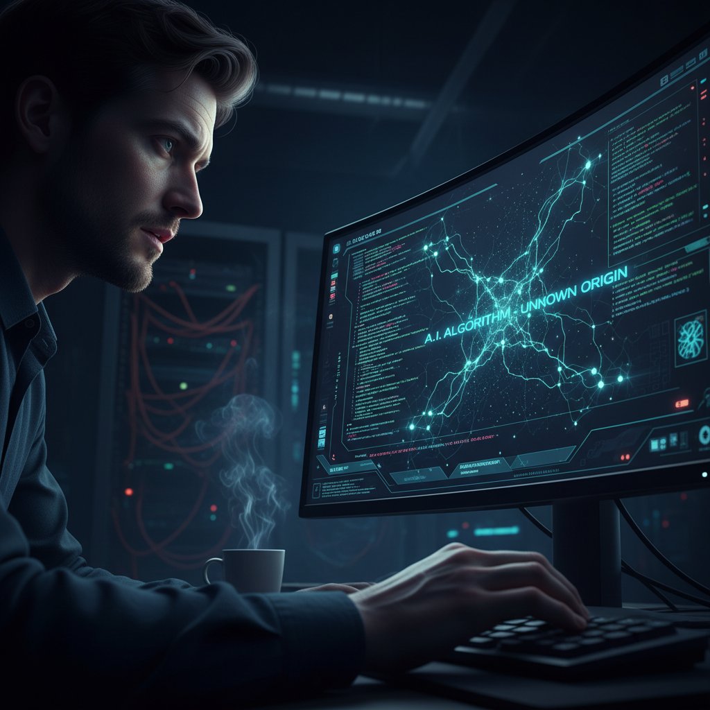 Zdjęcie: programista analizujący kod AI, ekran komputera z liniami kodu, atmosfera tajemnicy i technologii