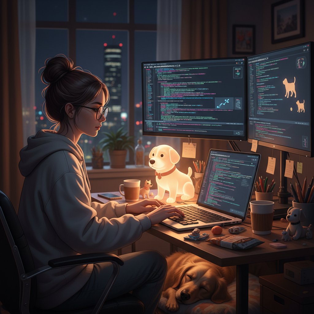 Programista analizujący kod sztucznej inteligencji, ekran z wykresami AI, wieczorne światło