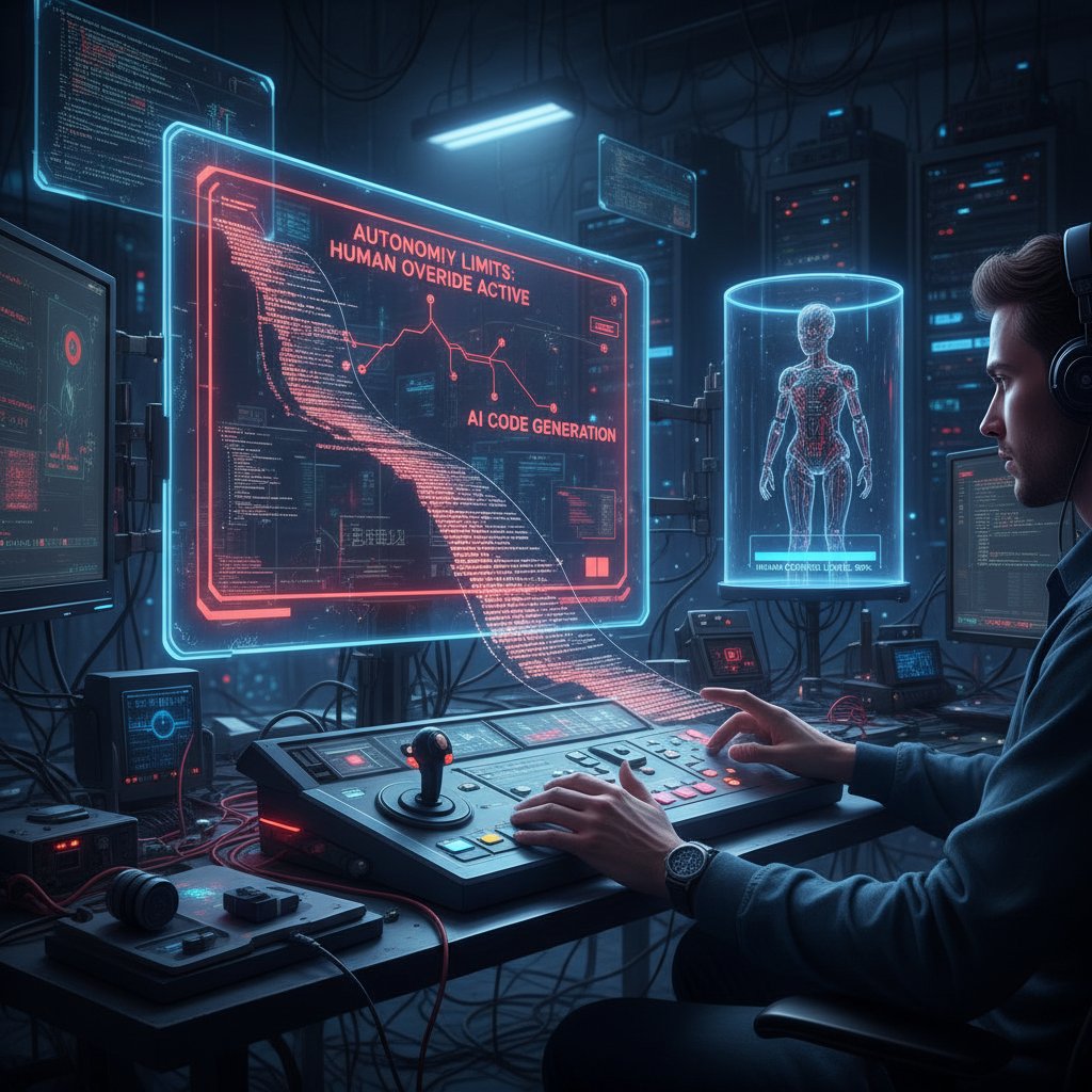 Zdjęcie programisty analizującego kod AI, podkreślające ludzką kontrolę nad algorytmami, granice autonomii