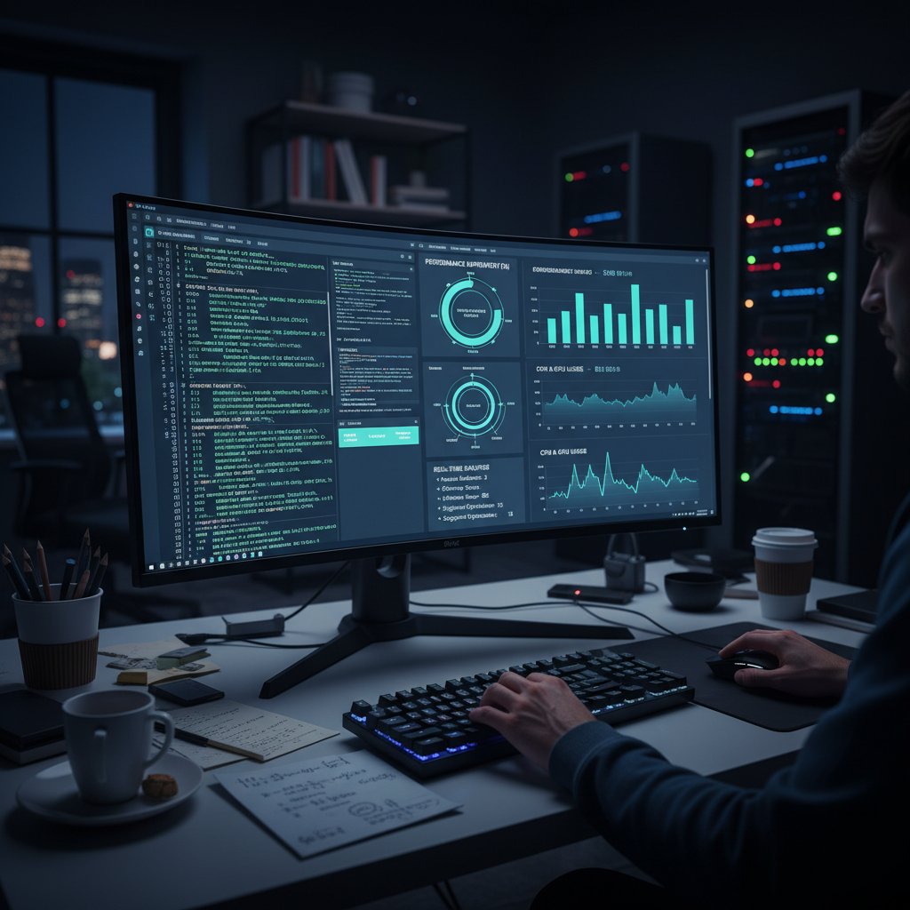 Zbliżenie na ekran z kodem i wykresami AI, postać programisty analizująca wyniki