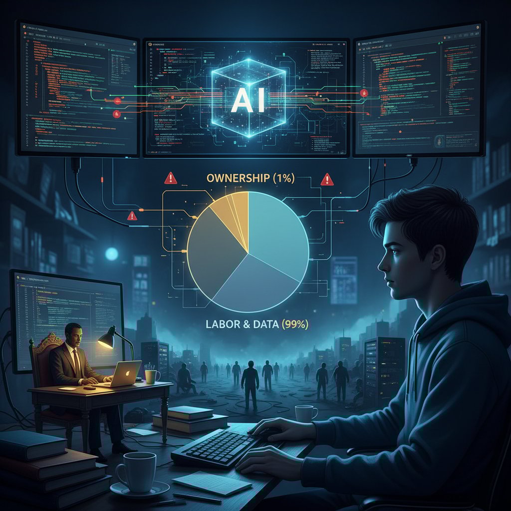 Zdjęcie przedstawiające programistę analizującego kod AI na ekranie, na tle nierówności społecznych – etyka sztucznej inteligencji w praktyce