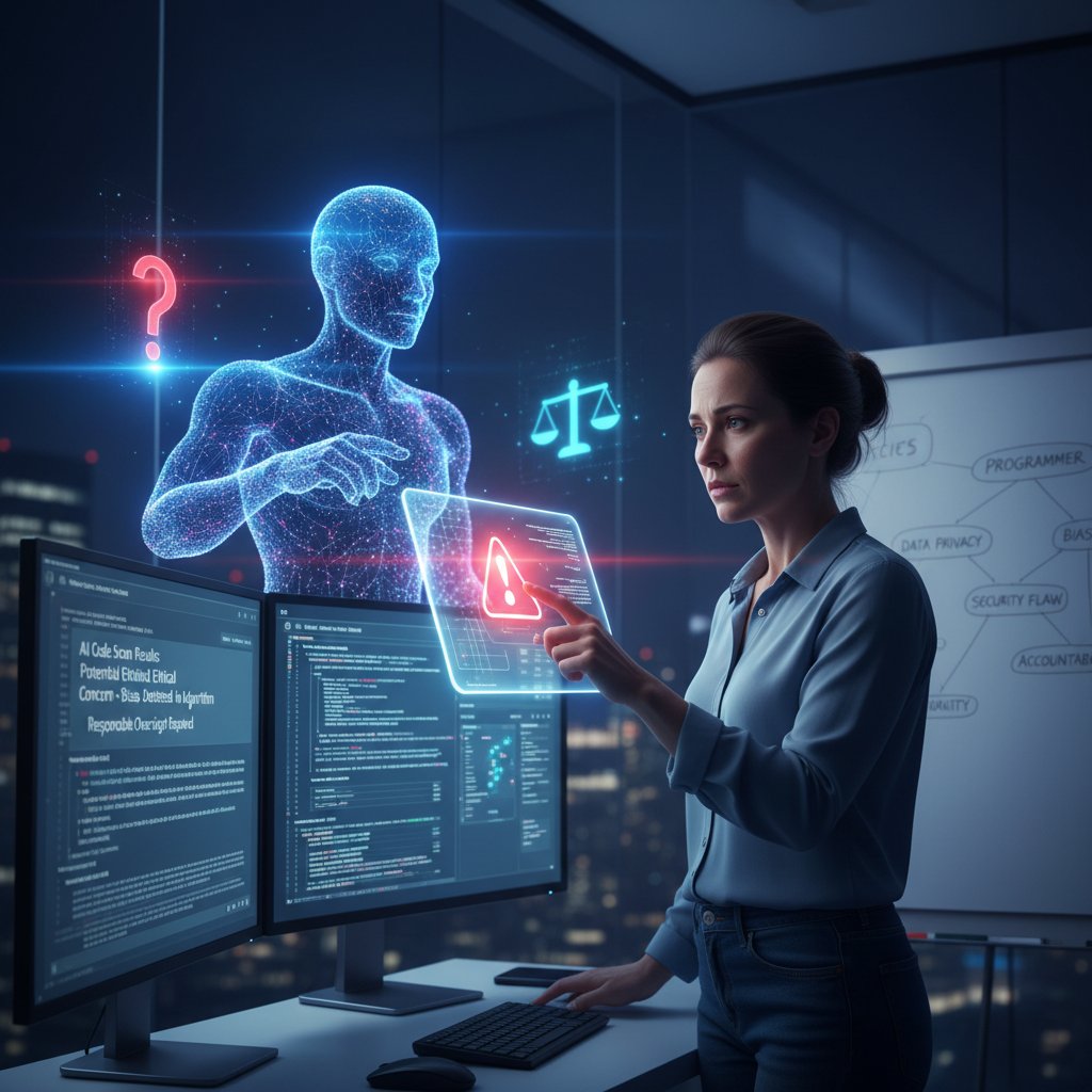 Programista analizujący kod AI, napięta atmosfera, tematyka etyki i odpowiedzialności