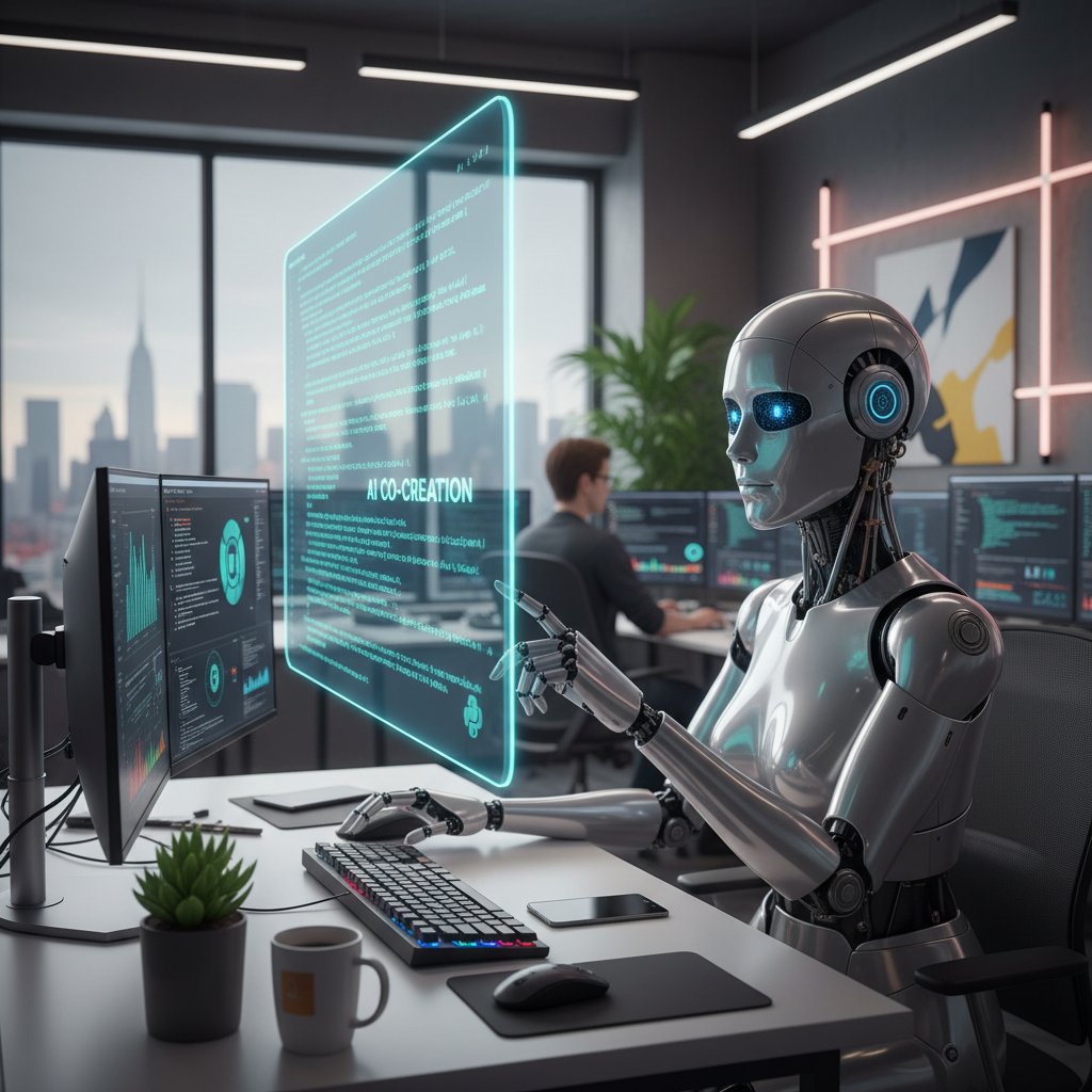 Programista analizuje kod z pomocą AI, dwie osoby przy biurku z laptopami, klimat współpracy