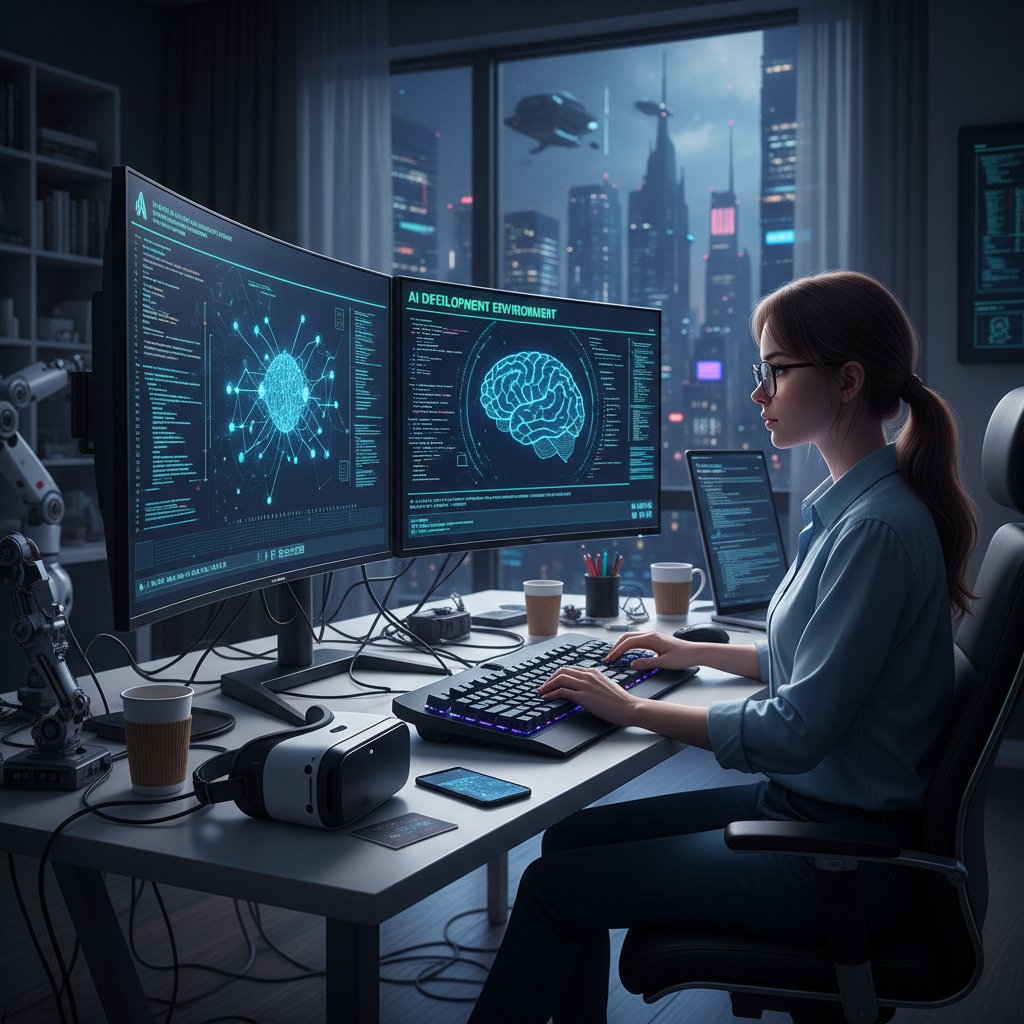 Programista pracujący nad kodem sztucznej inteligencji w nowoczesnym biurze, symbol granicy między automatyzacją a świadomością