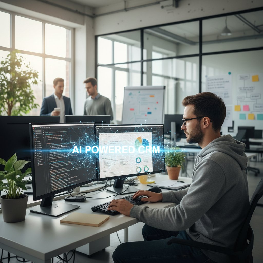 Programista monitorujący integrację AI z systemem CRM w biurze