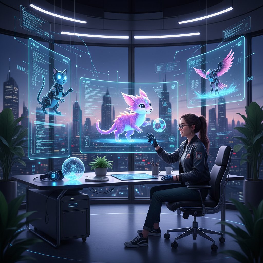 Programista pracujący nad interfejsem sztucznej inteligencji dla wirtualnych zwierząt, nowoczesne biuro