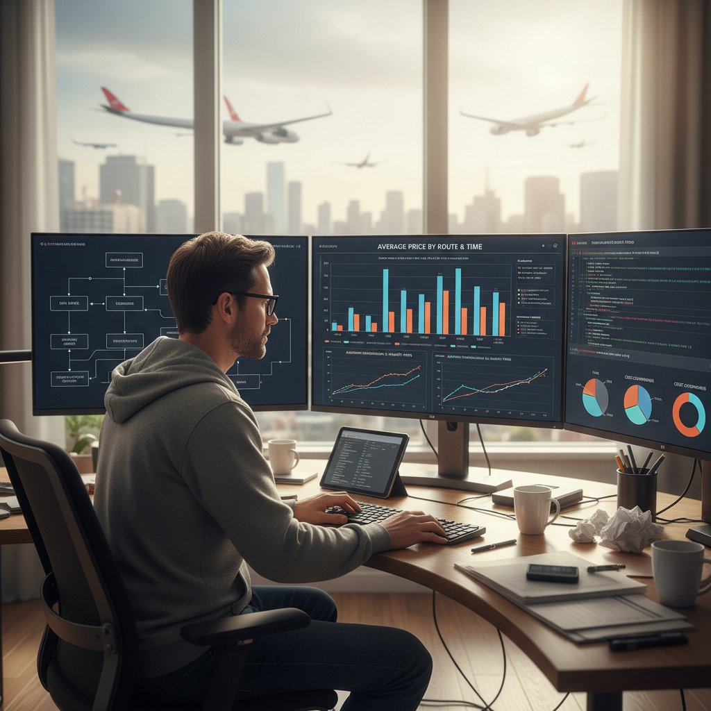 Programista analizujący kod algorytmu, wykresy dynamicznych cen lotów