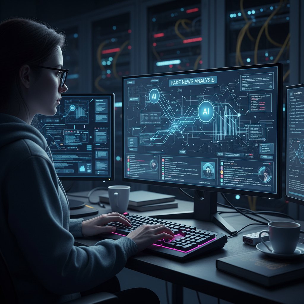 Programista analizujący kod algorytmów AI walczących z dezinformacją