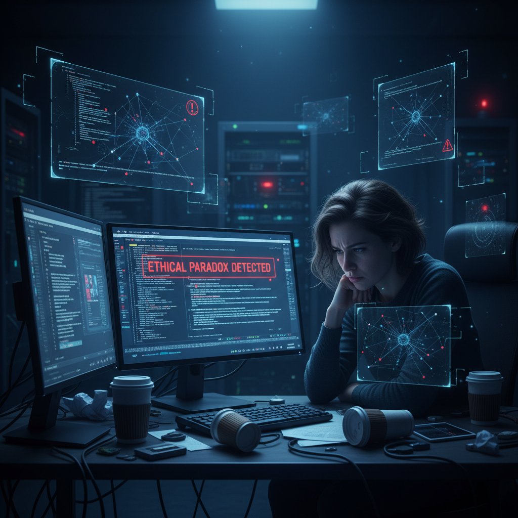 Zdjęcie programisty analizującego kod AI na laptopie w ciemnym pokoju – wizualizacja napięcia między etyką a technologią