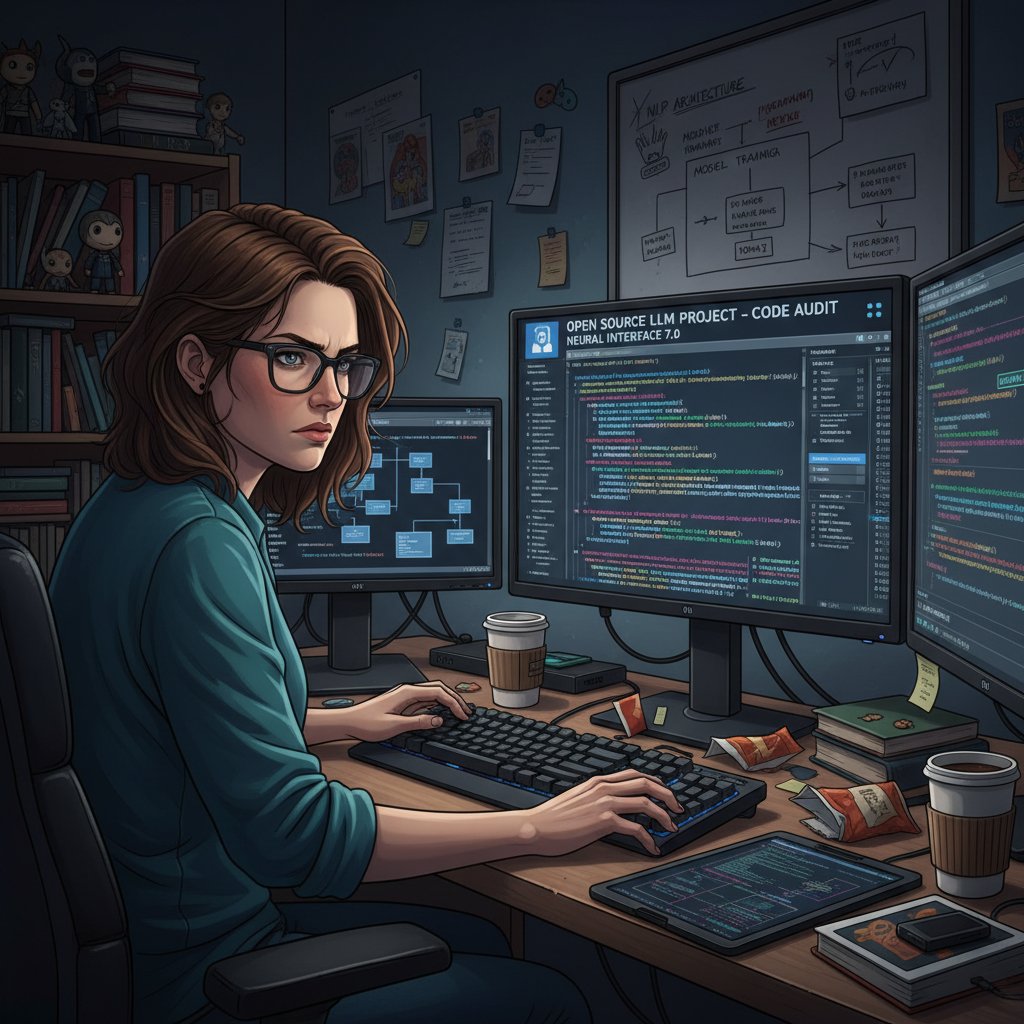 Programista analizujący kod źródłowy i architekturę open source llm, ekran z wyświetlonym kodem
