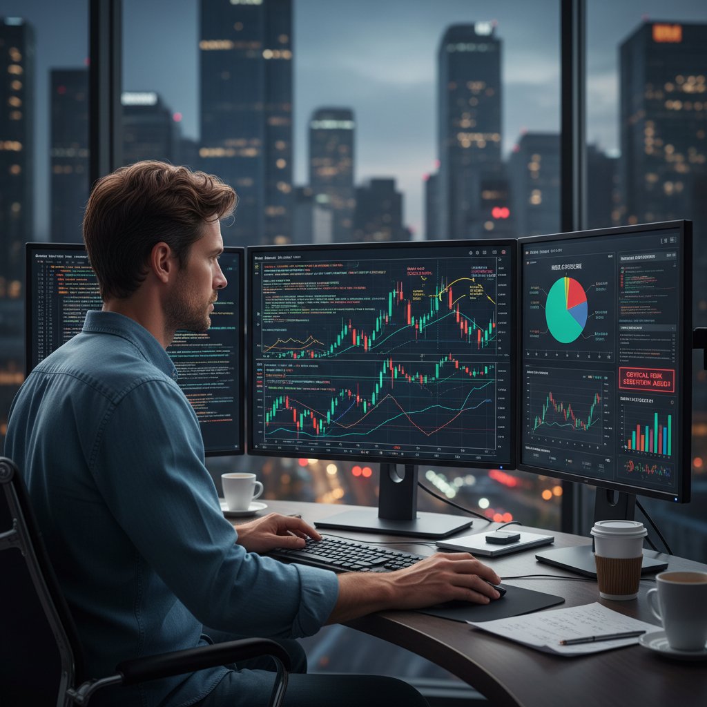 Zbliżenie na programistę analizującego dane rynkowe na ekranie komputera